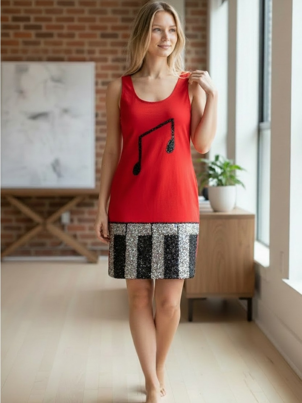 Red Midi Dress with Musical Note and Sequin Piano Hem concert festival party
